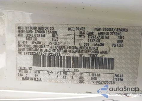 2002 Ford E-350 Super Duty Commercial/Recreational z USA, uszkodzony, nr VIN 1FTSS34S12HB25626